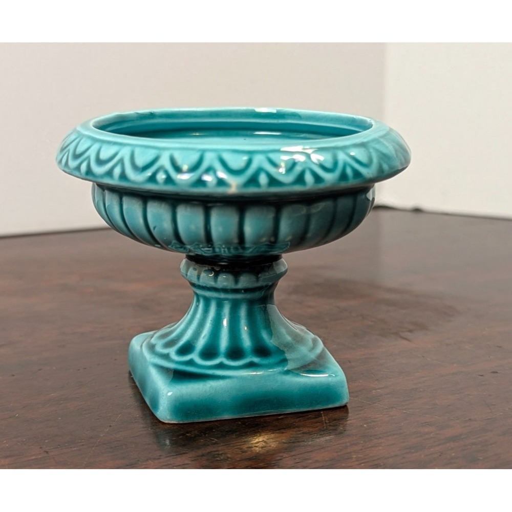 Vintage Turquoise Ceramic Pedestal Compote Planter E-2665 Japan MCM‎ 2.5in H